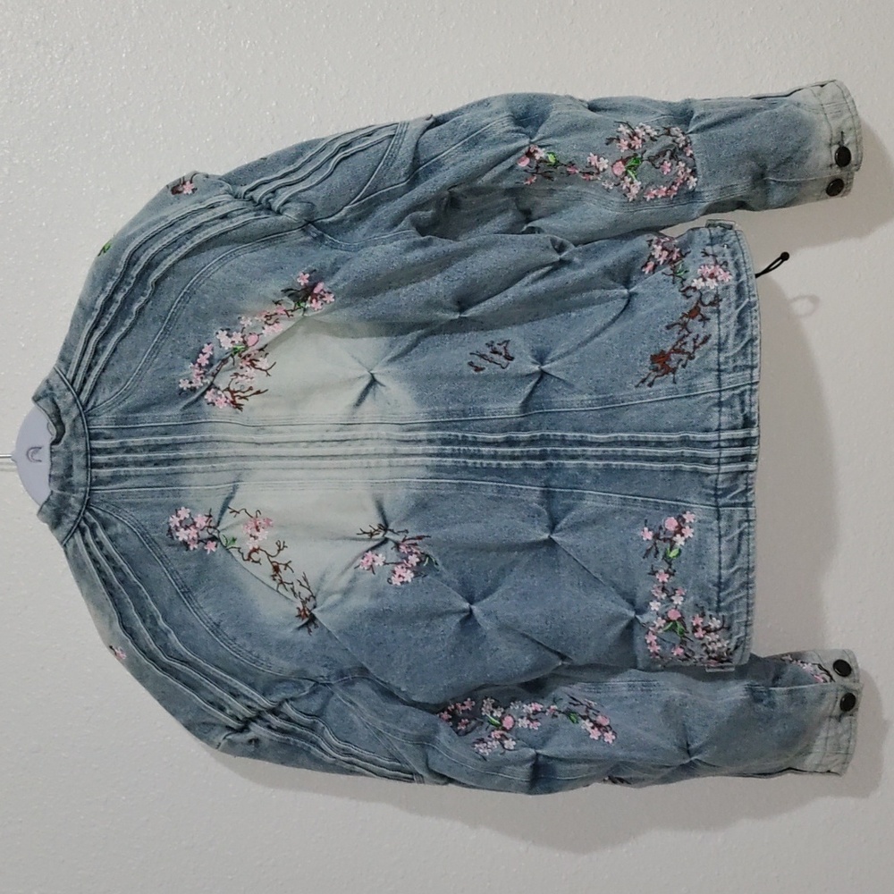 CHERRY BLOSSOM DENIM RACER JACKET BY BAD SON Medium UNISEX OVERSIZED COAT - Picture 6 of 10